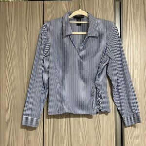 Geoffrey Beene Blue and White Fitted Wrap Blouse